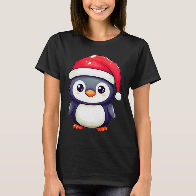 Camiseta Pinguim Kawaii Vestindo um Chapéu Noel Cozy neste  (Frente)