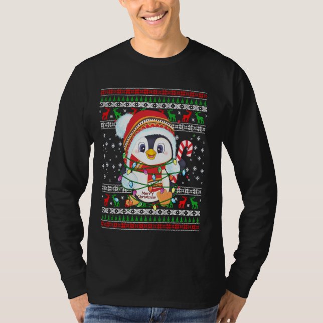 Camiseta Pinguim Natal Luz Santa Hat Natal Feio (Frente)