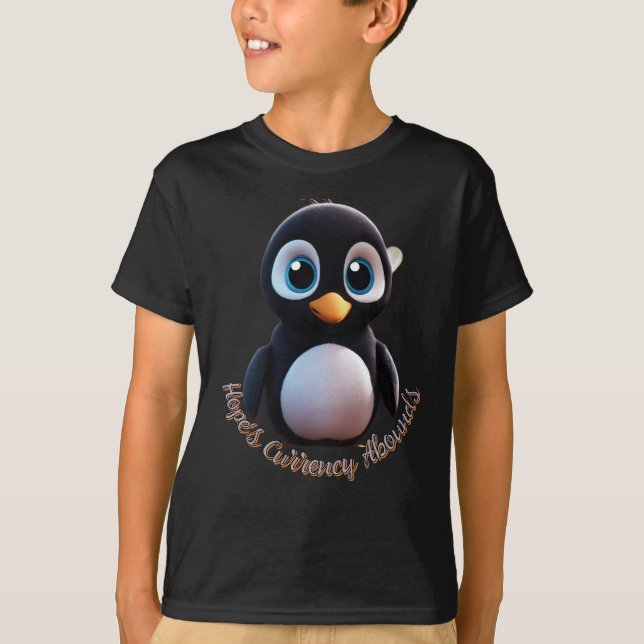 Camiseta Pinguim negro e bonito "A moeda da esperança se re (Frente)