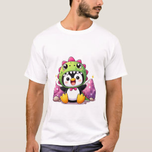 Camiseta Pinguim Pequeno em um Adorável Figurino de Dinossa
