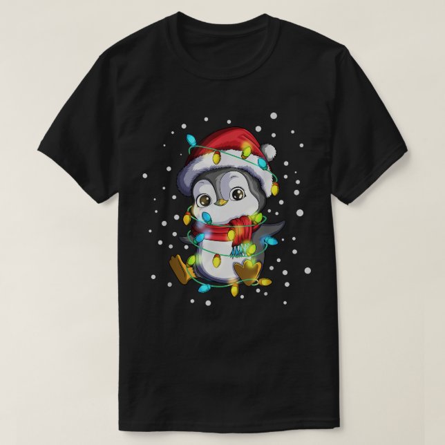 Camiseta Pinguim Santa Hat Fada Luz de Natal (Frente do Design)
