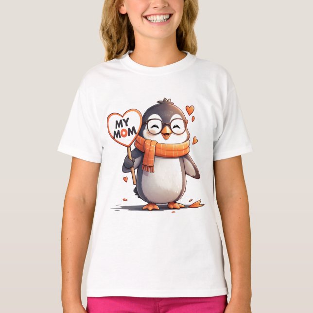 Camiseta Pinguim sorridente segurando o cardíaco MY MOM (Frente)