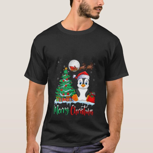 Camiseta Pinguim Vestindo Santa Hat Xmas Feliz Caneta de Na (Frente)