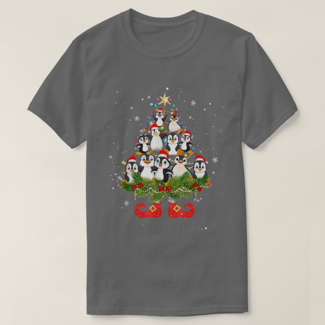 Camiseta Pinguins Árvore de Natal Luzes Engraçadas Santa Ha (Frente do Design)
