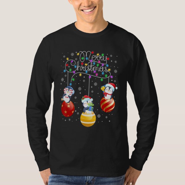 Camiseta Pinguins Bonitos Luzes de Natal Feliz Bal (Frente)