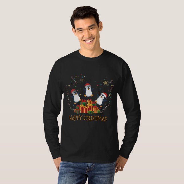 Camiseta Pinguins Felizes de Natal Presente Festa (Frente Completa)