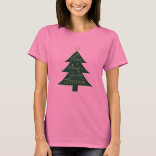 Camiseta Pinheira decorada de Natal feliz