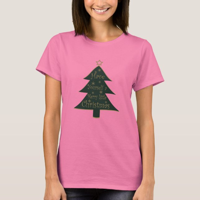 Camiseta Pinheira decorada de Natal feliz (Frente)