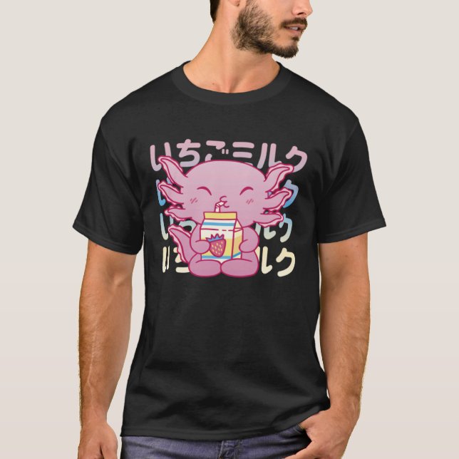 Camiseta Pink Axolotl Drinking Strawberry Milk (Frente)