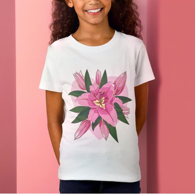 Camiseta Pink Blooming Lush Lily com Soft Heart Jersey (Pink Blooming Lush Lily with Soft Heart Jersey T-Shirt)
