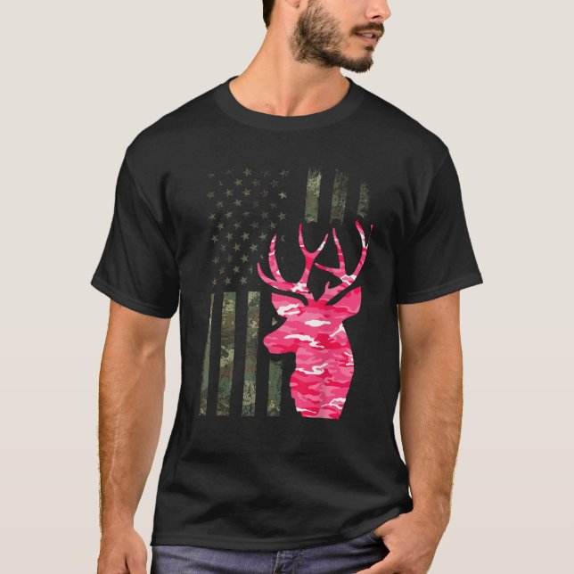 Camiseta Pink Camo American Flag Camouflage Buck Hunting Wo (Frente)
