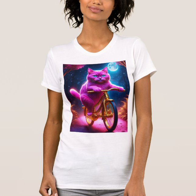 Camiseta Pink Cat Riding On Golden Bicycle (Frente)