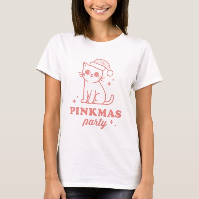Camiseta Pink Christmas aesthetic pinkmas party funny cat (Frente)