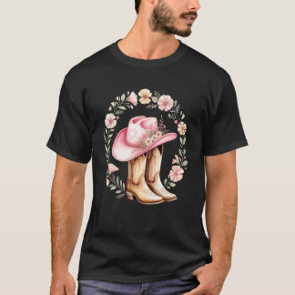 Camiseta Pink Cowgirl Hat Boots Floral Wreath Western Style