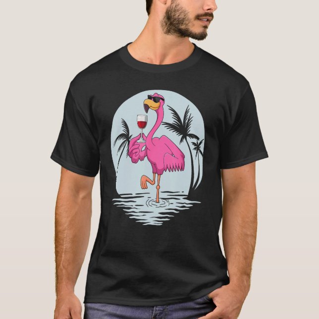 Camiseta Pink Flamingo Bird With Glass Of Wine Summer Vacat (Frente)