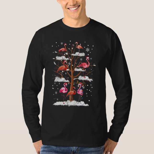 Camiseta Pink Flamingo Christmas Tree Light Santa Hat  Xmas (Frente)