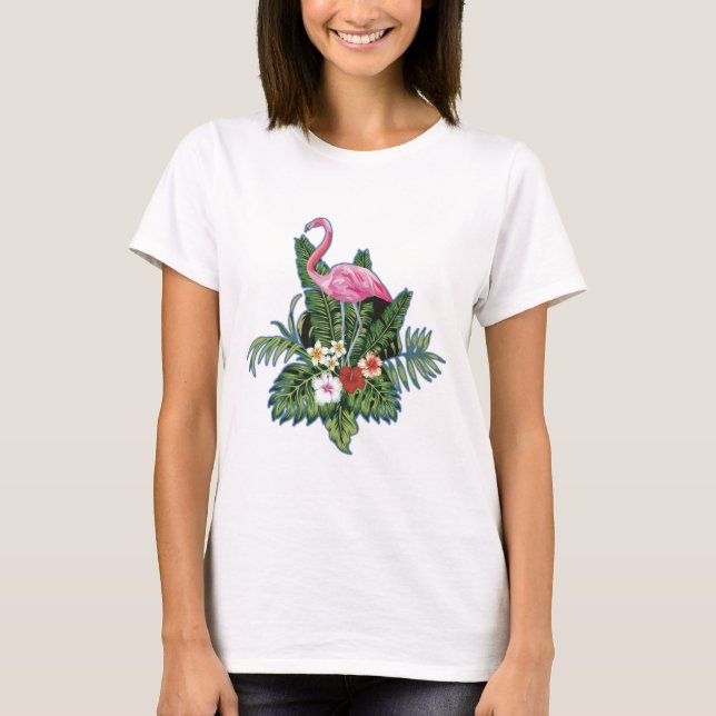 Camiseta Pink flamingo, hand painted, green leaves, (Frente)