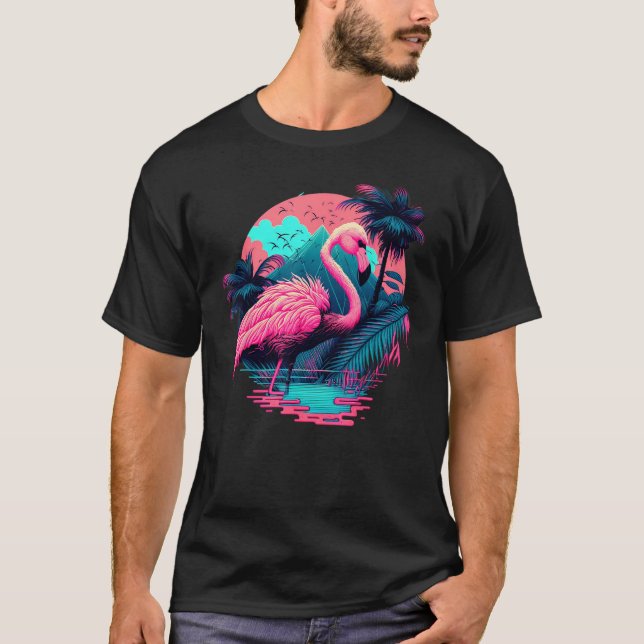 Camiseta Pink Flamingo Retro Synthwave Pineapple Tropical S (Frente)