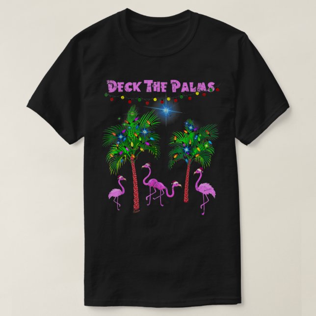 Camiseta Pink Flamingos Christmas Palm Tree Tropical Xmas  (Frente do Design)