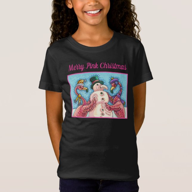 CAMISETA PINK FLAMINGOS FAZEM NEVE, AVES DE NATAL ENGRAÇADO (Frente)