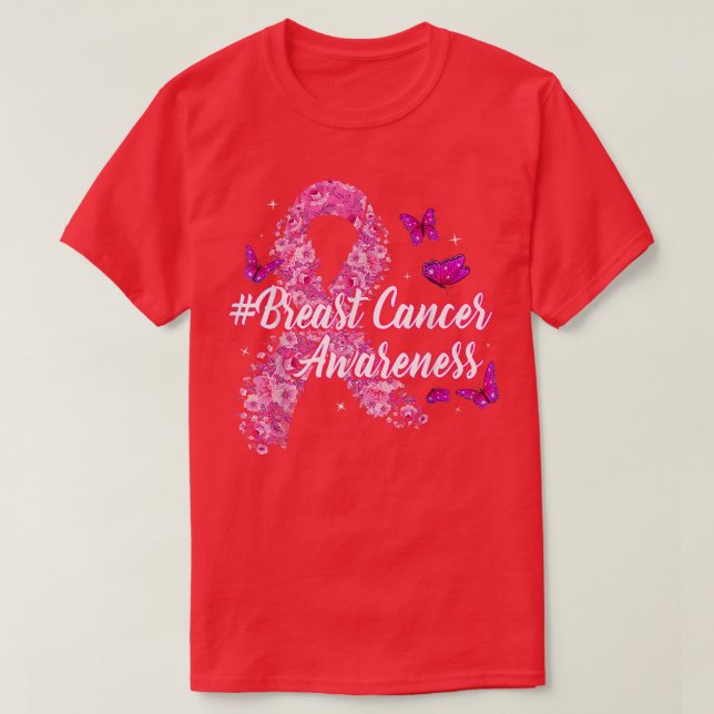 Camiseta Pink Flowers Ribbon Breast Cancer Awareness  (Frente do Design)