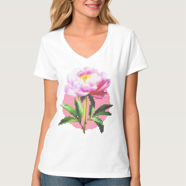 Camiseta Pink Peony Dot Mosaic Flower V Neck (Frente)