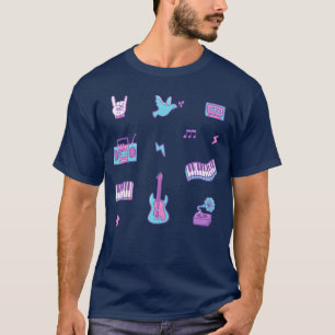 Camiseta Pink Purple Retro Music Icons Doodle Patterno engr