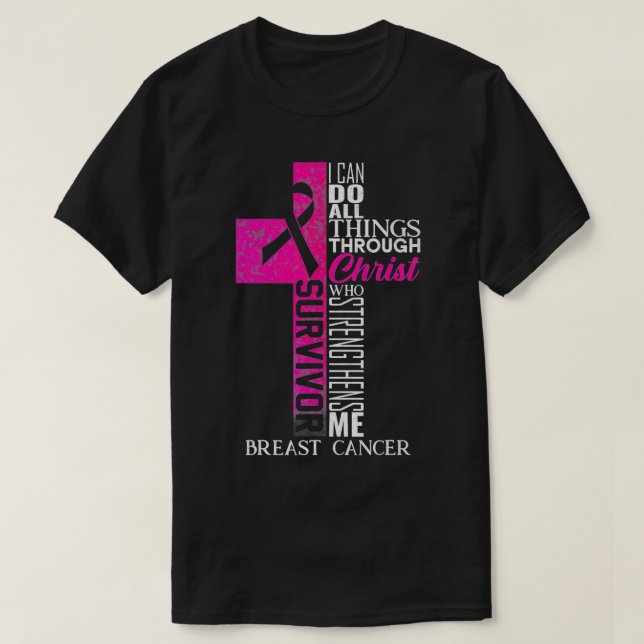 Camiseta Pink Ribbon Breast Cancer Survivor Christian Cross (Frente do Design)