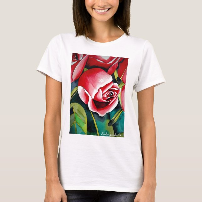 Camiseta Pink Rosebud aquarela pintura a cores flor (Frente)