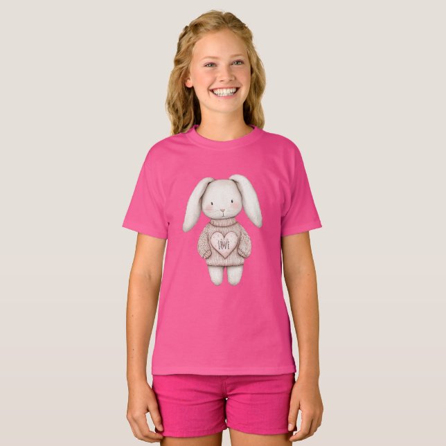 Camiseta Pink Sweet Cute Bunny Pink Sweater Heart (Frente Completa)