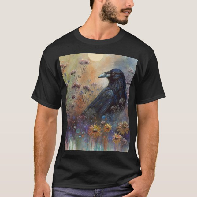 Camiseta Pintado à Mão Raven com Flores Selvagens (Frente)