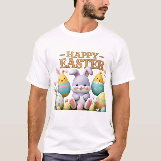 Camiseta Pintinho de Pastel e coelho em Felz pascoa de Ovo (Frente)