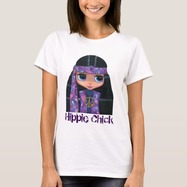 Camiseta Pintinho do Hippie no sinal de paz roxo dos anos (Frente)