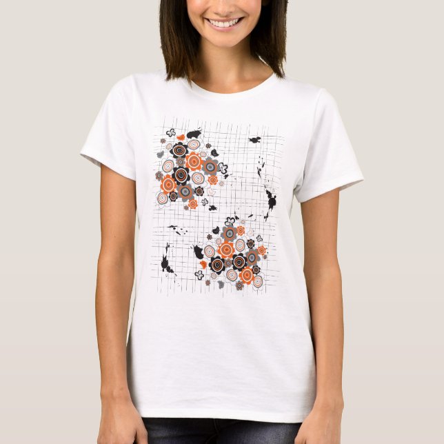 Camiseta Pintinhos de Flores Laranja Grunge Tintas Escadas  (Frente)