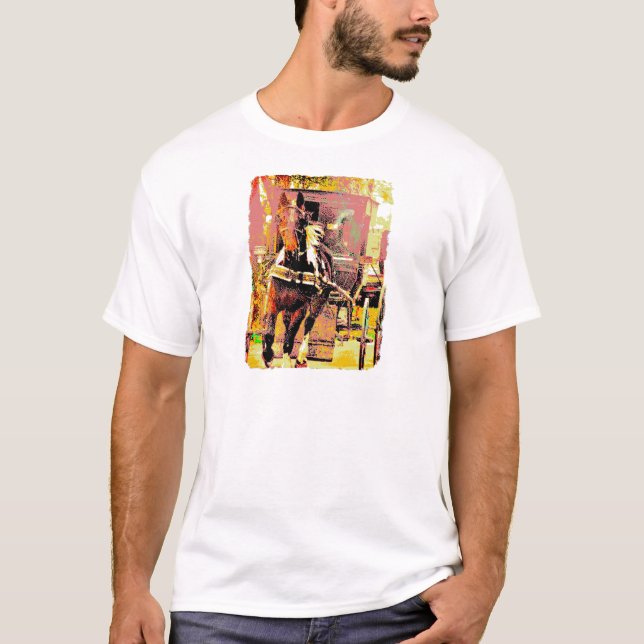 Camiseta Pinto Amish Horse de Arte de 8 bits e Buggy (Frente)