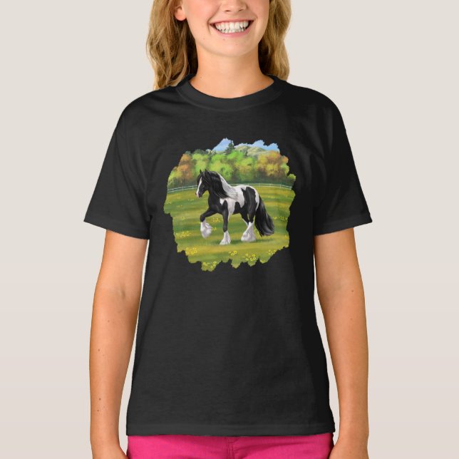 Camiseta Pinto Negro Piebald Gypsy Cavalo de Rascunho de Va (Frente)