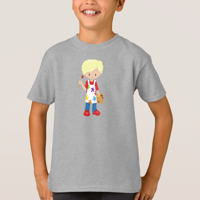 Camiseta Pintor, Pintura Artista, Cute Boy, Cabelo Loiro (Frente)