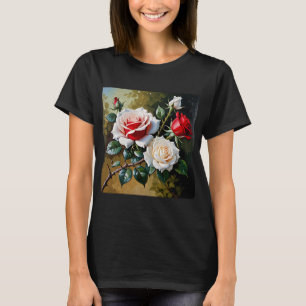 Camiseta Pintura a óleo de rosas rosa branco vermelho bonit