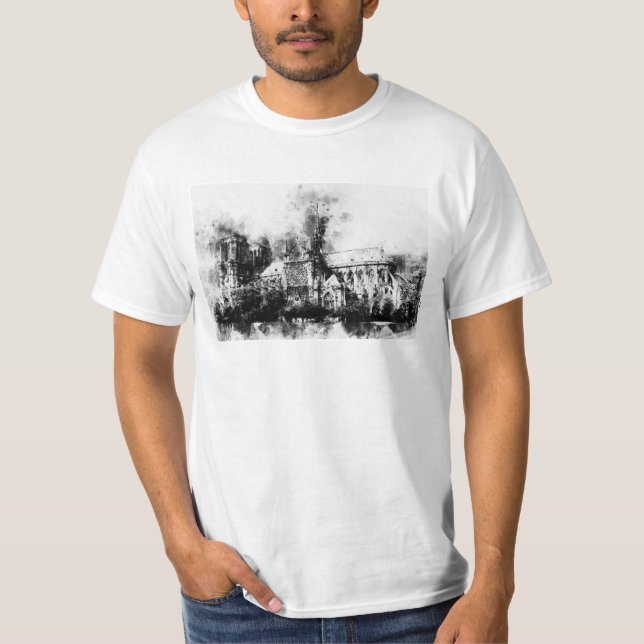 Camiseta Pintura a preto e branco da Catedral de Notre Dame (Frente)