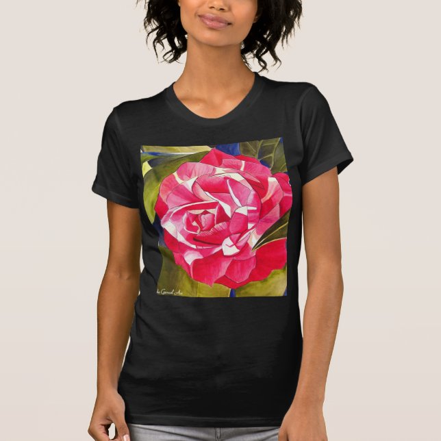 Camiseta Pintura artística em aquarela de camélia rosa (Frente)
