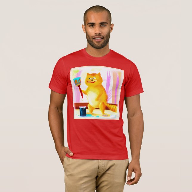 Camiseta Pintura Bela De Um Gato Segurando Um Pincel. Compr (Frente Completa)