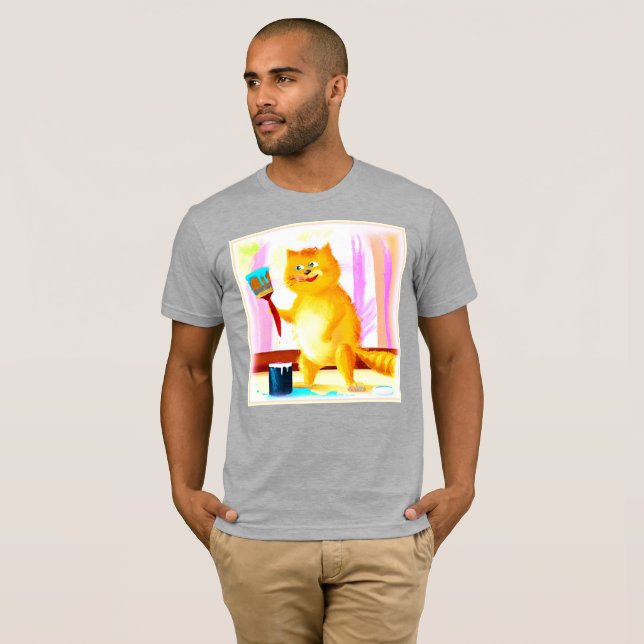 Camiseta Pintura Bela De Um Gato Segurando Um Pincel. Compr (Frente Completa)