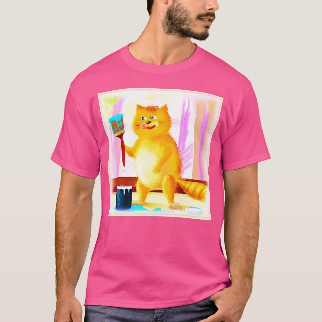 Camiseta Pintura Bela De Um Gato Segurando Um Pincel. Compr (Frente)