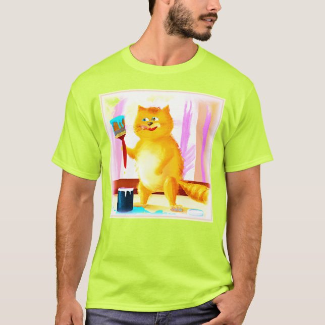 Camiseta Pintura Bela De Um Gato Segurando Um Pincel. Compr (Frente)
