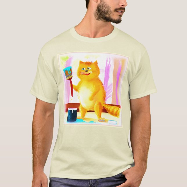 Camiseta Pintura Bela De Um Gato Segurando Um Pincel. Compr (Frente)