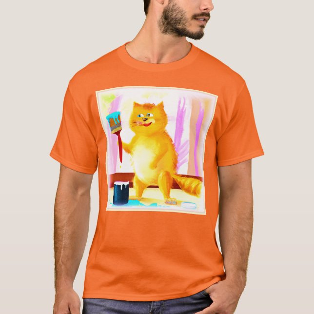 Camiseta Pintura Bela De Um Gato Segurando Um Pincel. Compr (Frente)