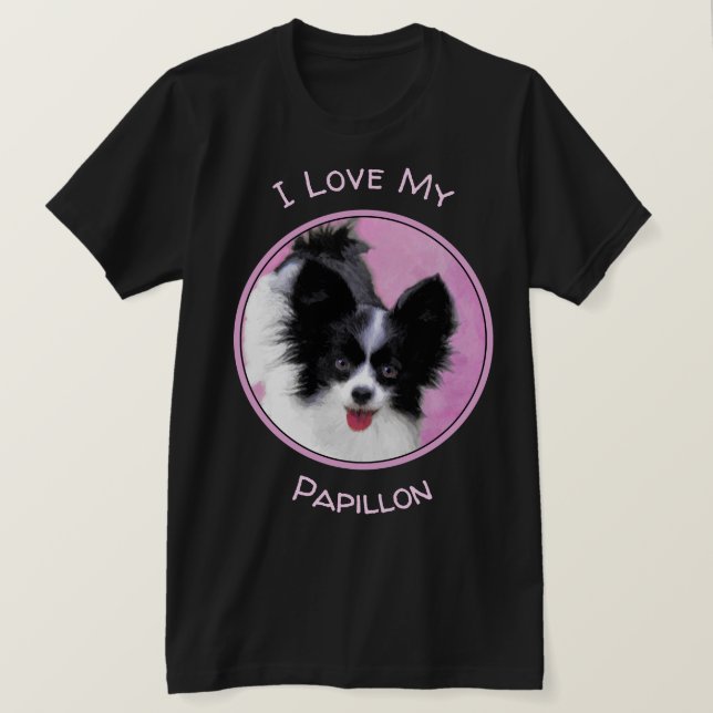 Camiseta Pintura (branca e preta) de Papillon - arte do cão (Frente do Design)