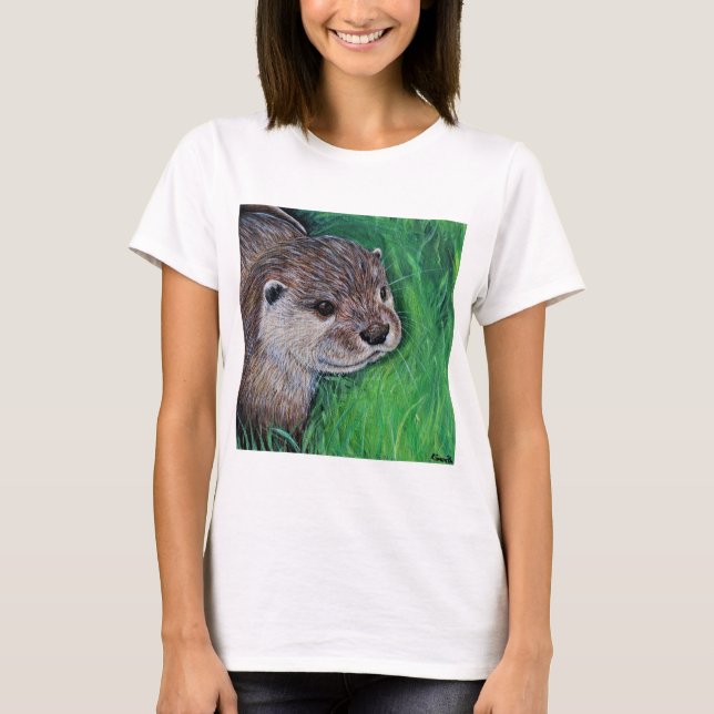 Camiseta Pintura com a lontra do pequeno rio (Frente)