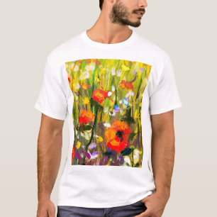 Camiseta Pintura de Abstrato de Campo de Poppies Vermelhos