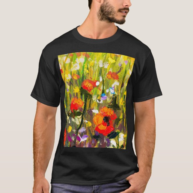 Camiseta Pintura de Abstrato de Campo de Poppies Vermelhos (Frente)